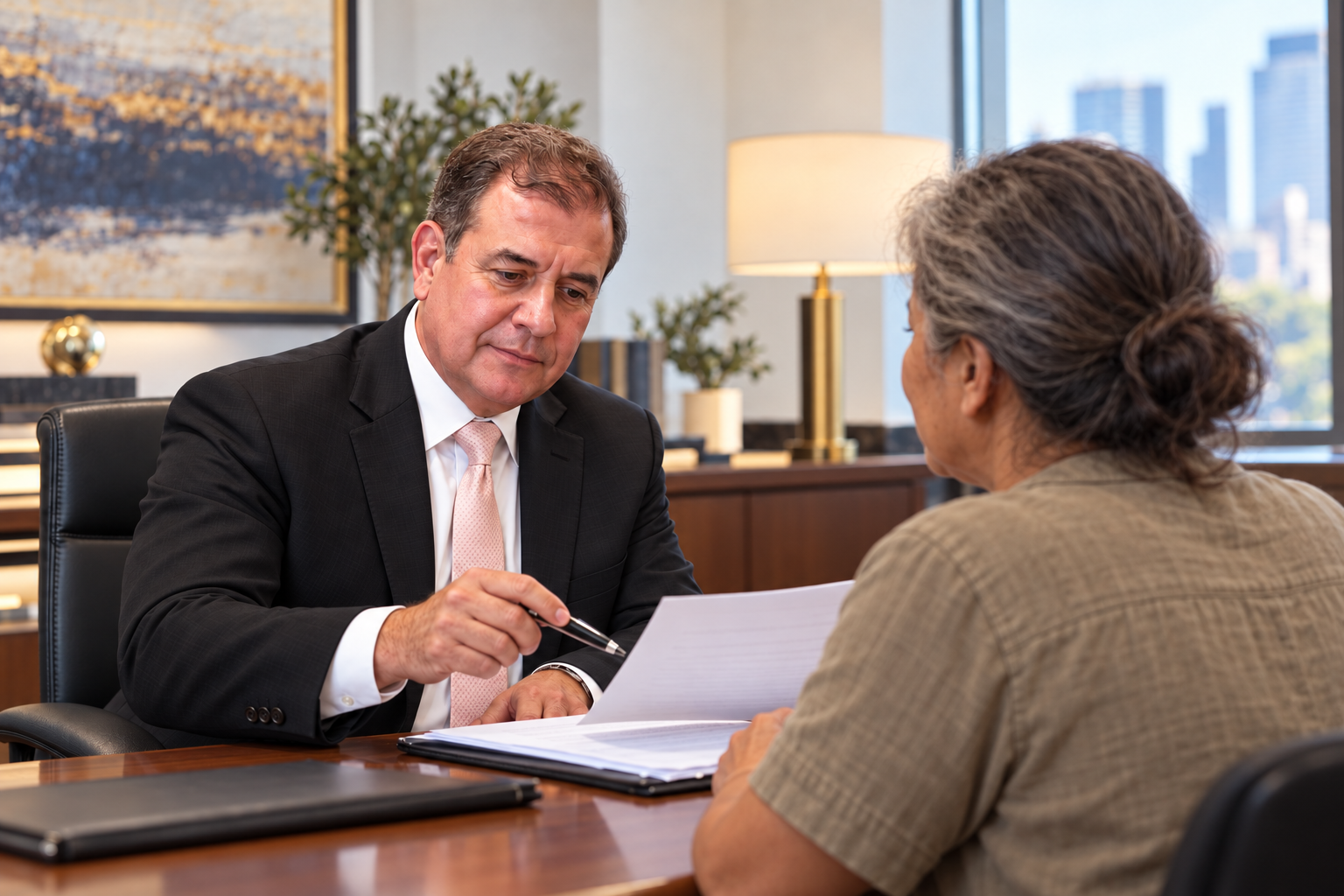Cena ilustrativa de Reinaldo Pimenta conversando com uma mulher durante um atendimento